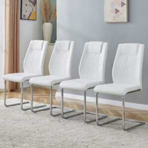 Modern Dining Chairs with Faux Leather Padded Seat Dining Living Room Chairs Upholstered Chair with Metal Legs Design for Kitchen, Living, Bedroom, Dining Room Side Chairs Set of 4 (White+PU )C-001
