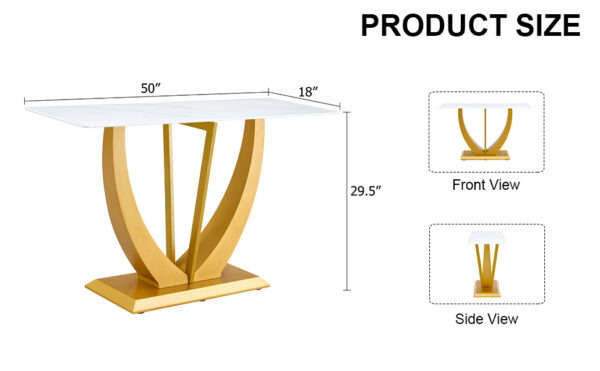 Modern and simple rectangular glass dining table in white with a pattern, 0.39 "white top and gold legs, suitable for entrance and living room.