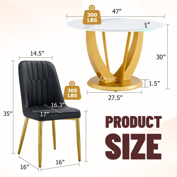 544dbf6a317b45cf91cc15737df79539_bb8ff76130c500031afccef7d2e81562 Table and chair set.Luxurious Snow Mountain White Slab Round Dining Table Set - 47"x47" with 4 Black PU Chairs with Simple Line Designs On The Backrest .Golden Metal Legs.