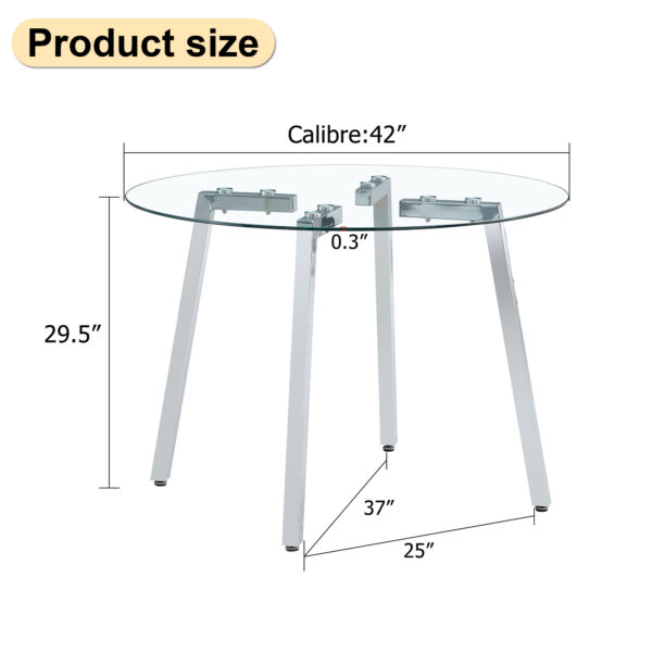 Modern minimalist style circular transparent tempered glass table, tempered glass tabletop, silver metal table legs, suitable for kitchen, dining room, and living room, 42 "* 42" * 29.5 "1123r