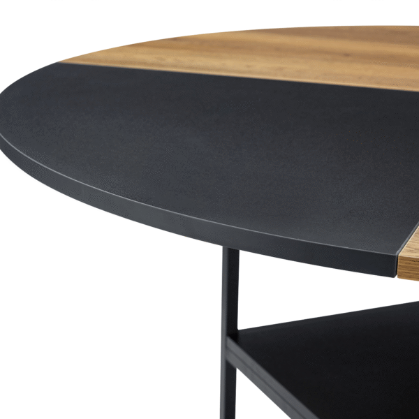 Table and chair set.A 47.3-inch diameter modern spliced color circular dining table - double-layer storage.Paired With 4 Black Linen-Cotton Material High Resilience Dining Chair with Metal Walnut Leg.