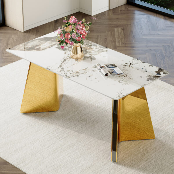 54752326962c4430a111507df979f12c_f4eb1ea972bb2db3fcc3514ffe5e411d 63"x31.5x30" Pandora Patterned Sintered Stone Dining Table with Golden Stainless Steel Butterfly Legs.The tabletop is designed to be scratch and heat resistant.Slabs Tabletop,Stainless Steels Legs.