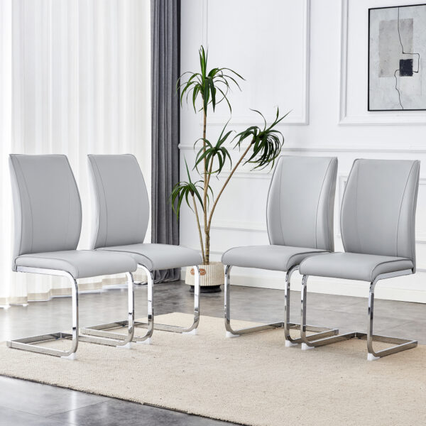 547a0aaa0e8e47fbabce26c3f8e89616_dad56609b34a46764584840b8615ba1a Luxury Simple Arch Chair - Set of 4 Light Gray PU Material High Resilience Dining Chair with Arched Metal Silver Leg.