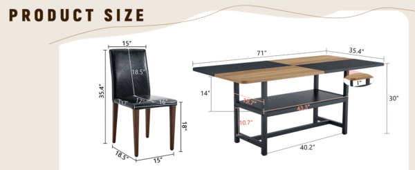 Table and chair set.71*35.4 inch Wooden And Black Spliced Dining Table With Storage Function In The Middle Of The Table Legs.Paired With 8 Black PU Dining Chairs, Simple And Versatile.