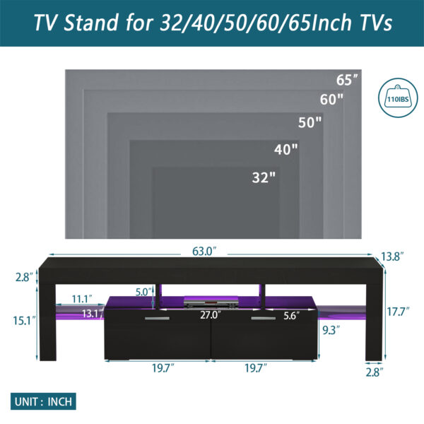 FashionTVstandTVcabinet,EntertainmentCenter,TVstationTV console,media console,with LEDlight belt,light belt remote control,toughenedglassshelf,metal handle,Canbeplaced in the living room,bedroom,black