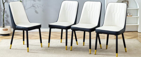 54e94d3e659640aea0fe9c7f2d417cec_8d2f68d2c7651f00ea475ebb238ff065 Modern Two-Tone PU Dining Chairs - White and Black spliced chairs With Gold Decorated Legs.White and Black spliced,Black Metal Legs,Set of 4 chairs.