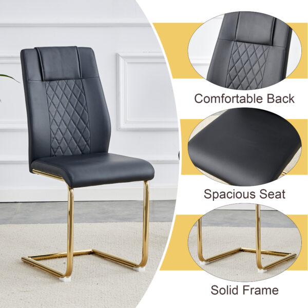 550a967d8731461ebeaca96c13a9b99e_90fc614b88cb2fa00a936209e9d461f2 Table and chair set.63"x31.5x30" Luxurious Pandora patterned Sintered Stone Tabletop with Golden Stainless Steel Butterfly Legs.Paried With 4 Black High-quality PU Chairs With Arched Metal Legs.