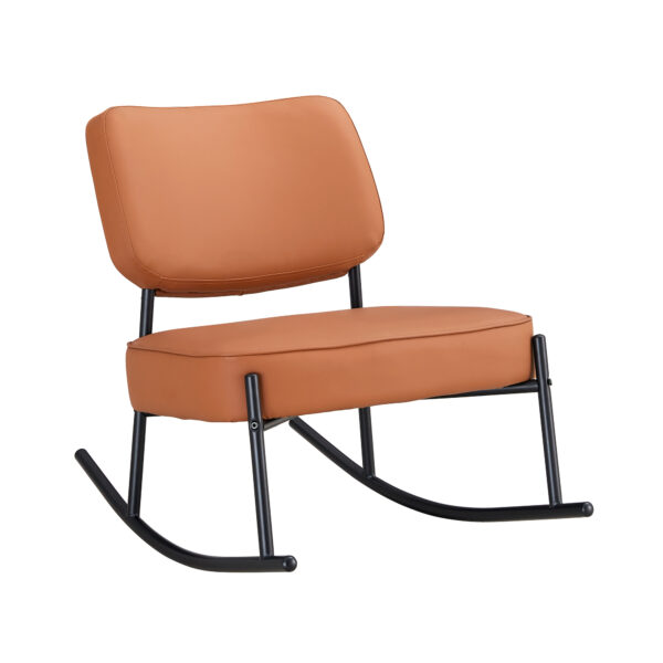 PU material cushioned rocking chair, unique rocking chair, cushioned seat, brown backrest rocking chair, black metal legs. Comfortable side chairs in the living room, bedroom, and office