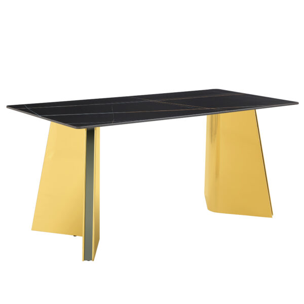 554fbfdccb144c72aee26503ad922ebe_2e4eb364bc6b668f8b13014a5df81eb7 Table and chair set.63"x31.5x30"Black Texture With Lines Patterned Sintered Stone Table with Golden Stainless Steel Legs.Paried With 4 Black PU Chairs with Simple Line Designs On The Backrest.