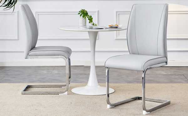 555e93b998a8420cbbd2a05f823be722_95c0fdaba0d1117d5b1587d0071fdc11 Luxury Simple Arch Chair - Set of 2 Light Gray PU Material High Resilience Dining Chair with Arched Metal Silver Leg.