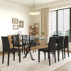 Table and chair set.79"x31.5" Inch Tempered Glass Tabletop With X-shaped Black Metal Table Legs,Wood Grain Textured MDF Crossbeam.Paired With 8 Black PU Dining Chairs, Simple And Versatile.