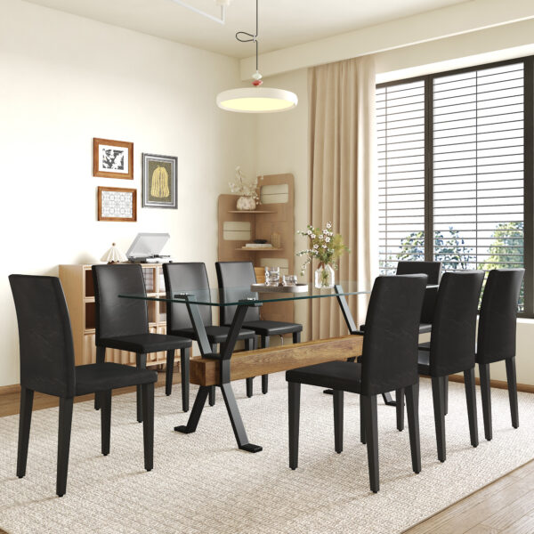 55ad4230e56d4a77b6d341db4ab098bc_03af2e027dd207eacdce8dc9e206824f Table and chair set.79"x31.5" Inch Tempered Glass Tabletop With X-shaped Black Metal Table Legs,Wood Grain Textured MDF Crossbeam.Paired With 8 Black PU Dining Chairs, Simple And Versatile.