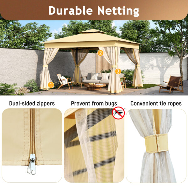 TREXM 10x12 Outdoor Gazebo Tent with Double Roofs, Patio Gazebo with Mosquito Netting, Patio Canopy for Backyard, Garden, Lawn and Deck (Beige)