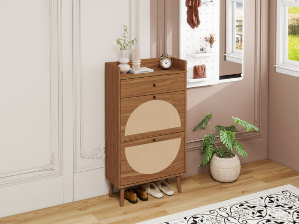 Rattan, Allen 2 Door 1 Drawer Cabinet, Shoe Rack, Double Layer, Suitable for Entrance