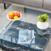 31.4 Inch Modern Two-Tier Square Coffee Table - An Elegant Combination of Clear Glass and Black Marble Pattern Sticker.It can be used as a coffee table,a side table or a display stand.