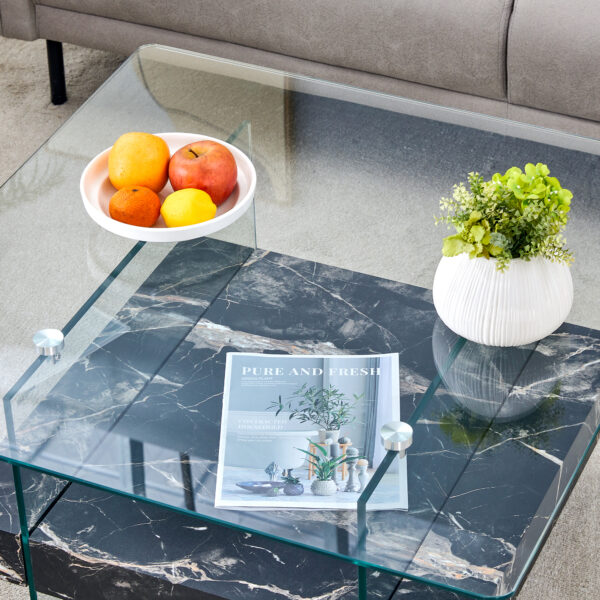5617f26f71b44f7286b38252e8ed30e7_cac10599b63fdbbe2e03122b955f060d 31.4 Inch Modern Two-Tier Square Coffee Table - An Elegant Combination of Clear Glass and Black Marble Pattern Sticker.It can be used as a coffee table,a side table or a display stand.