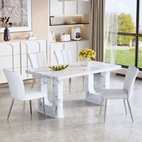 56471f03c7bc48a79ff9d3a56820f21a_c1941880c5030b936213d3c08000305d Table and chair set.64.5x35.4 Inch Stylish White Marble Textured Dining Table.Paried With 4 White PU Chairs with a vertical stripe design on the backrest.Create Your Exclusive Low-Key Luxury Space.