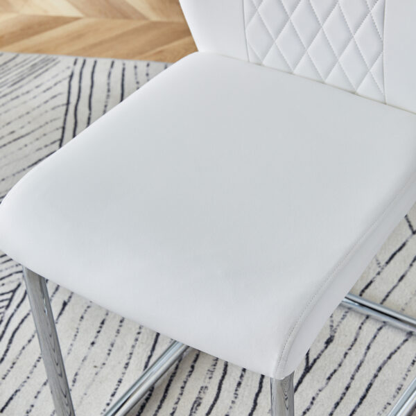 564cac3c831446f8b183faad6e35e978_5c52281764dc03b61e5cfc03cae3a62e Table and chair set.71''*35.4'' Inch Modern Luxurious Transparent Tempered Glass Dining Table Set with 6 Chairs.Double Fork Silver Metal Table Legs.White High-quality PU Dining Chairs.