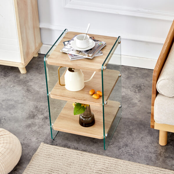 Three layer bedside cabinet.The board is made of MDF with wooden stickers, with transparent tempered glass on both side.The design is simple and elegant, with powerful storage function.Storage cabinet