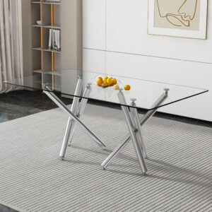Large Modern Rectangular Glass Dining Table for 6-8 with 0.39" Tempered Glass Tabletop and Silver Chrome Metal Legs, for Kitchen.Tempered Glass Tabletop,Double Fork Metal Legs.W1151S03321