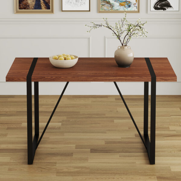 5694824d4a1f49c0a5bbb365fb5d6014_59c03030e8618ee7eb0952de27467fbd Industrial Rectangular MDF Walnut Color Wood Grain Dining Table for 4-6 people with 1.5 inch thick MDF top and black metal legs for desks, kitchens, patios, dining rooms.