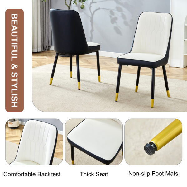 56a0b0df5b5943faae9867f04b2bb801_eca8f422d0e7292f6526f970ce1852cd Modern Two-Tone PU Dining Chairs - White and Black spliced chairs With Gold Decorated Legs.White and Black spliced,Black Metal Legs,Set of 4 chairs.