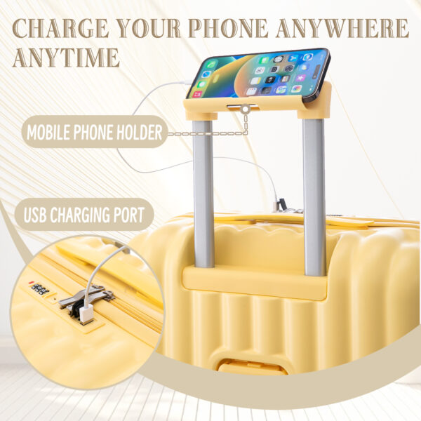 20"/24"/28" 3 pcs/set in ABS Spinner Wheel Luggage, Carry on Suitcase, with Cup Holder & USB Port & Phone Holder (Yellow)