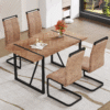 Table and chair set.A retro rectangular dining table with a wood color fishbone textured top and black metal legs.Paired With 4 Brown technology fabric chairs with Featuring arched black legs.