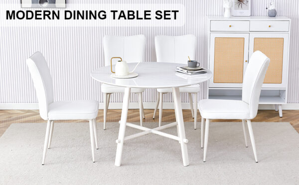 56c2963e66b640ada4ea84a7cd379a3e_99a733a970bf2048d13735fa1bba9eb8 Table and chair set, MDF desktop, white metal table legs, stable and beautiful, suitable for most styles of home. Modern simple dining table, comfortable seating.