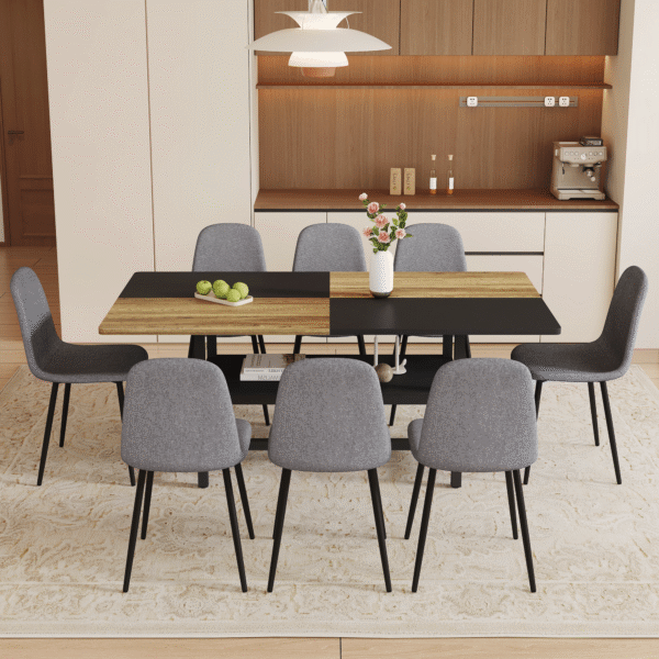 Table and chair set.71*35.4 inch Wooden And Black Spliced Dining Table With Storage Function In The Middle Of The Table Legs.Paired With 8 Chairs Made Of Dark Gray Lnen Fabric.Iron pipe spraying Legs.