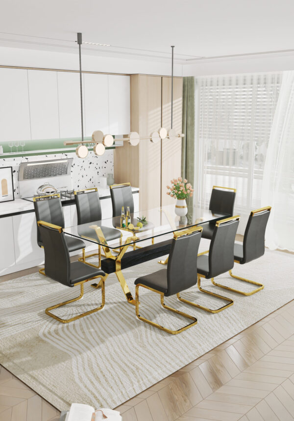 56ce45348a6f4a8792c3ccc6445f6de5_20230727_8fe03e332501b6afdcab4549f7d4b114 Dining table. Modern tempered glass dining table. Large modern office desk with gold plated metal legs and MDF crossbars, suitable for both home and office use. Kitchen. 79 ''x39''x30 '' 1105