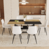 Table and chair set.71*35.4 inch Wooden And Black Spliced Dining Table With Storage Function In The Middle Of The Table Legs.Paired With 6 White Artificial PU Chairs With Curved Widened Cushion Design