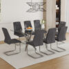 Table and chair set.71''*35.4'' Inch Modern Luxurious Transparent Tempered Glass Dining Table Set with 8 Chairs.Double Fork Silver Metal Table Legs.Dark Gray High-quality PU Dining Chairs.
