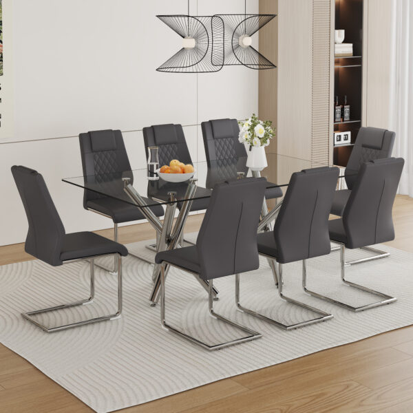 5703e20160e748c99ffeaac80c969426_b1a5ad36748f96dc60a36293c7b74dc4 Table and chair set.71''*35.4'' Inch Modern Luxurious Transparent Tempered Glass Dining Table Set with 8 Chairs.Double Fork Silver Metal Table Legs.Dark Gray High-quality PU Dining Chairs.