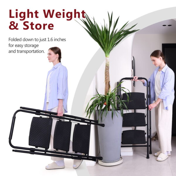 572f9f945f0f46a08236b51fc809bdd5_0a4734937859a86e7a9b72793727a261 Four step ladder, lightweight folding four step stool, wide anti slip pedal and safety handle, sturdy steel ladder, multi-purpose step ladder, suitable for home, kitchen, and office elevators