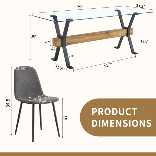 5730a47b2cc048688043b4f3facfb625_4f26047e29c68698e546d729079a6ba6 Table and chair set.79"x31.5" with X-shaped Black Metal Table Legs,Wood Grain Textured MDF Crossbeam.Paired With 10 Chairs Made Of Dark Gray Lnen Fabric.Iron pipe spraying Legs.