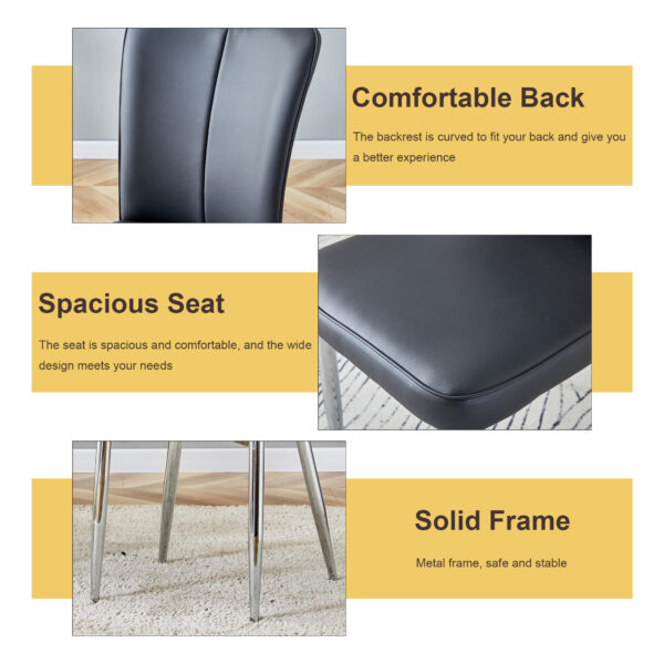 573529b48d054834ad14cc3e339c509e_a743c81de80b74dc348c1f583eb898eb Table and chair set.63"x31.5x30" Luxurious Pandora patterned Sintered Stone Tabletop with Silver Stainless Steel Legs.Paried With 4 Black PU Chairs with a vertical stripe design on the backrest.