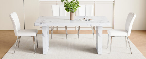 5736343c6681467085a16e758b2054c5_5e0ddda5cdf05ca0dcc77c61ff94f6d3 Table and chair set.63"*35.4" White Imitation Marble Pattern MDF Dining Table Set - 4 White PU Chairs with a vertical stripe design on the backrest.Create Your Exclusive Low-Key Luxury Space.