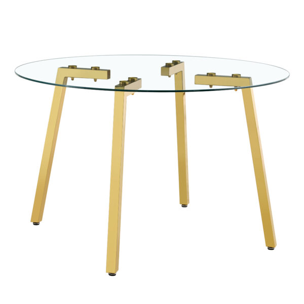 5738f821c5f64696a71ea274b7d645d4_f2958b402c176750439677ab74da7254 Modern Luxurious Round Tempered Glass Dining Table with Gold 7-Shaped Metal Legs,suitable for family meals, office conferences, or as a casual coffee table for various occasions.47.3*47.3*29.5