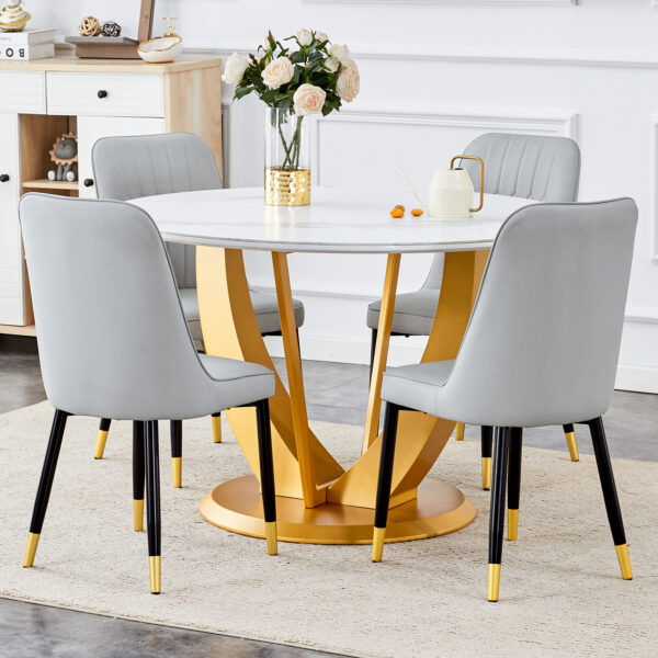 5743f048658149c29305d8637b16892c_a13886d3f606069f061363fa1dc15a3b Table and chair set.Luxurious Snow Mountain White Slab Round Dining Table Set - 47"x47" with 4 Light Gray PU Chairs.Sintered Stone Tabletop,MDF Table Leg,