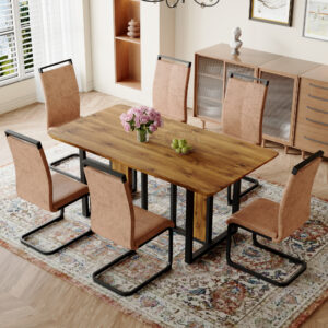 Table and chair set.67"x36" Wood-Textured MDF Dining Table Set with 6 Brown Fabric Chairs.MDF sticker,Wood colored texture sticker,Black C-tube dining chair legs,Suitable for kitchen,Dining room,etc.