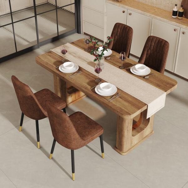 574f4ac5170548b49013f323c5e6f8a7_0d67268f54c2a58a8e7ca6a480b7d8b3 Table and chair set.64.5 x 35.4 Inch Stylish Wood Color Textured Dining Table.Paried With 4 BrownTechnology-Fabric Dining Chairs.Suitable for kitchen,Dining room,etc.