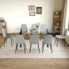 Table and chair set.79"x31.5" with X-shaped Black Metal Table Legs,Wood Grain Textured MDF Crossbeam.Paired With 8 Chairs Made Of Light Gray Lnen Fabric.Iron pipe spraying Legs.