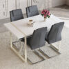 Table and chair set.55"x31.4" Cream-Style White MDF Dining Table Set with 4 Dark Gray Chairs With Silver Metal Legs.MDF Tabletop and metal frame legs.Adding a warm atmosphere to your family.