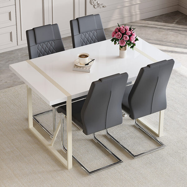 577f29e311724d10b9452f98c9969e26_d889c807b52d223fab963f7c0b93bf07 Table and chair set.55"x31.4" Cream-Style White MDF Dining Table Set with 4 Dark Gray Chairs With Silver Metal Legs.MDF Tabletop and metal frame legs.Adding a warm atmosphere to your family.