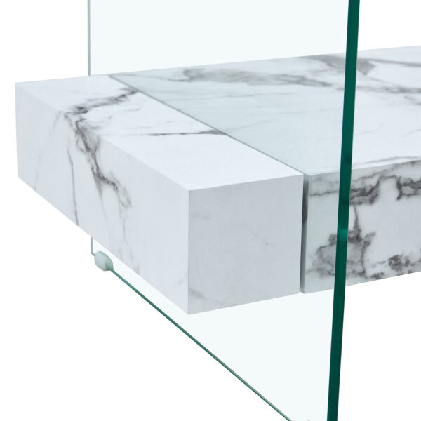 578968cbf9b7460f9604dcdedcbe22e2_b9f346c2c23f35fc8e37021fa901d4e0 43.3 Inch Modern Two-Tier Coffee Table - Clear Tempered Glass and White Marble Texture, Multifunctional Storage Design.The bottom tier includes a drawer.Can be used as a coffee table,side table,etc.