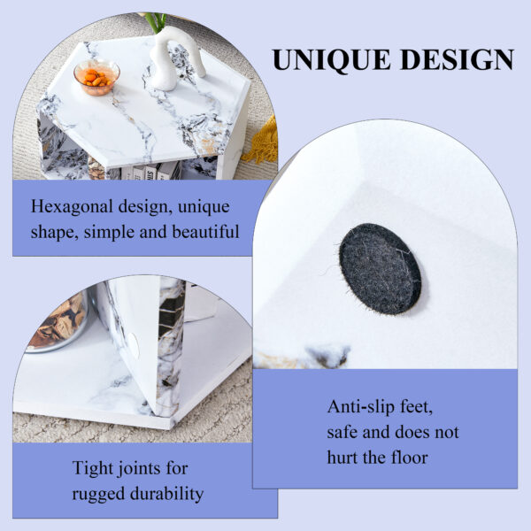 5797ce6b2c69402cac1444f9dd222895_4afae535500c30b327cd5c3abd19d558 Minimalist white patterns hexagonal Coffee Table Set.Hexagonal MDF coffee table, characteristic pattern stickers, multi-hole design to give more storage space.Two coffee tables of different sizes.