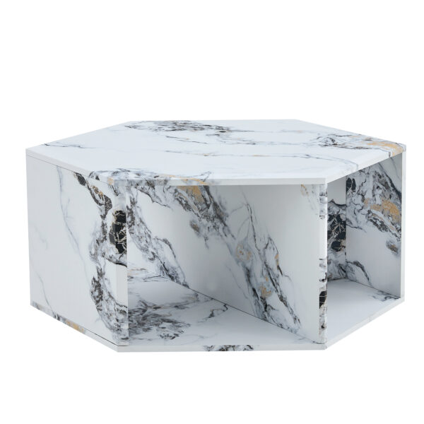 579d8336cee54efba50883414126d432_5b639482e4968c168ed53989e56247bd Hexagonal MDF coffee table, characteristic pattern stickers, multi-hole design to give more storage space, simple and convenient design makes it suitable for all kinds of style scenes.