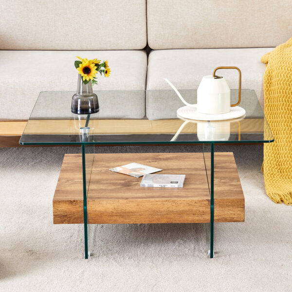 57a521d3bcb043e2973646bf5576b364_579bd613dea138ddf16f09a35dfb70ba 31.4 Inch Modern Two-Tier Square Coffee Table -An Elegant Combination of Clear Glass and Light Wood Texture Sticker.It can be used not only as a coffee table but also as a side table or display stand.