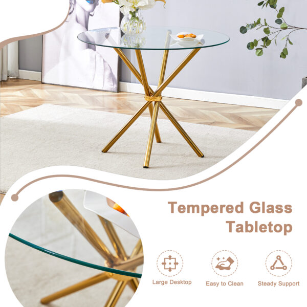 57aae1ba60a446139e341c6da83798ae_c51cc3800c81588a8a7183693d904ce3 Round clear glass dining table with a unique shape for 4-6 people, with ring-shaped gathered gold metal legs, suitable for desks, kitchens, terraces, dining rooms.